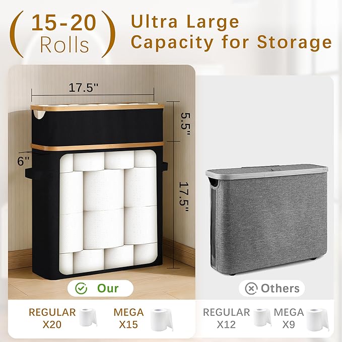 Livole 2-in-1 Toilet Paper Storage with Lid Toilet Paper Basket- 20 Regular Rolls or 15 Mega Rolls Extra Large Toilet Paper Organizer for Bathroom, Black