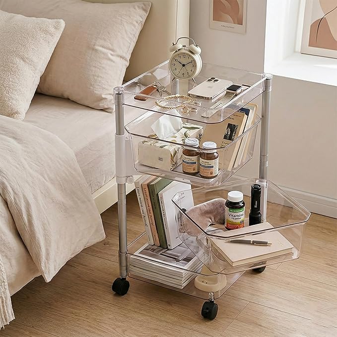OnDisplay 360° Rotating Clear Storage Trolley – Multi-Tier Rolling Acrylic Utility Cart for Vanity, Craft Room, Pantry, Office & Bathroom – Mobile Multipurpose Organizer Rack for Makeup, Kitchen,