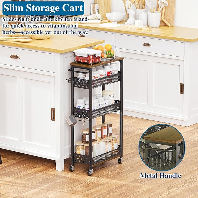 OKZEST Rolling Slim Storage Cart, 4-Tier Narrow Bathroom Organizers and Storage Cart, Metal Narrow Kitchen Laundry Room Organization Shelf with Wood Top, Slim Utility Cart with Wheels for Small Space