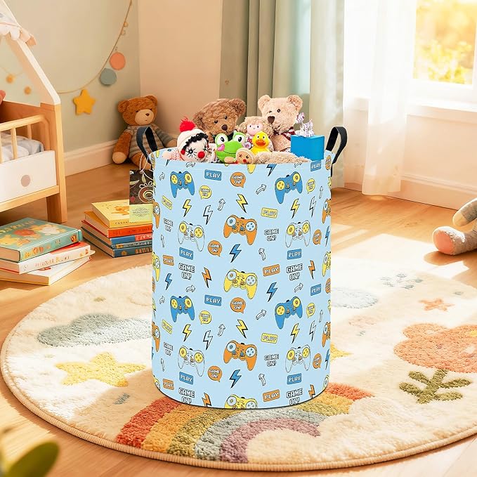 HUNRUNG Collapsible Fabric Storage Basket, Waterproof Laundry Hamper with Handles, Round Storage Bin for Clothes Toys, Foldable Organizer for Bedroom Nursery Bathroom(Round-Color Game)