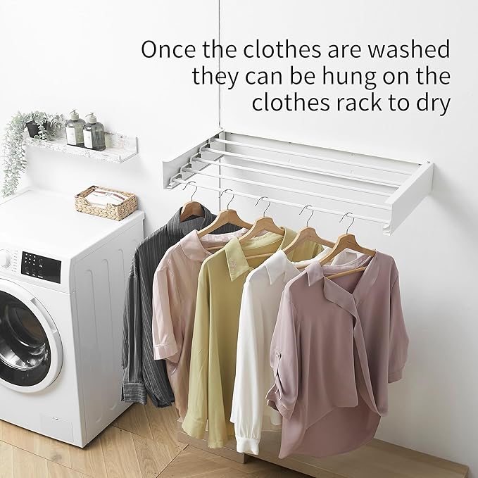 RFOUO Clothes Drying Rack, Laundry Hanging Rack Collapsible, Wall Mounted Drying Rack for Laundry, Foldable Drying Rack Indoor Outdoor, 31.5" Wide, 5 Aluminum Rods, 60 lb Capacity (White 31.5")