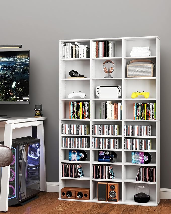 DVD Storage Shelf with Adjustable Shelves, 9-Tier Modern Media Tower for CDs, DVDs, Video Games, DVD Rack Cabinet Organizer for Living Room, Bedroom, Office