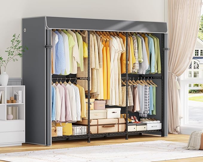 ULIFHOME E14C Pro Heavy Duty Closet Organizer System，Freestanding Clothing Racks for Hanging Clothes，Adjustable Garment Rack 70.1"W × 16.6"D × 76.4"H Hold 960 lbs，Black Rack with Grey Dustproof Cover