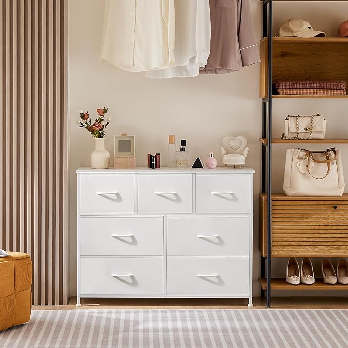 OLIXIS 7 Drawer Dresser for Bedroom, Wide Fabric Storage Tower with Wooden Top and Metal Frame, Closet Chest Organizer Furniture, TV Stand for Living Room Hallway, White