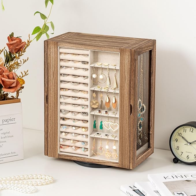 Emfogo 360° Rotating Jewelry Box for Women, Rustic Wooden Jewelry Organizer Box with 5 Drawers, Glass Doors, Vertical Open Design Jewelry Storage Case Display for Earrings Rings Necklaces Bracelets