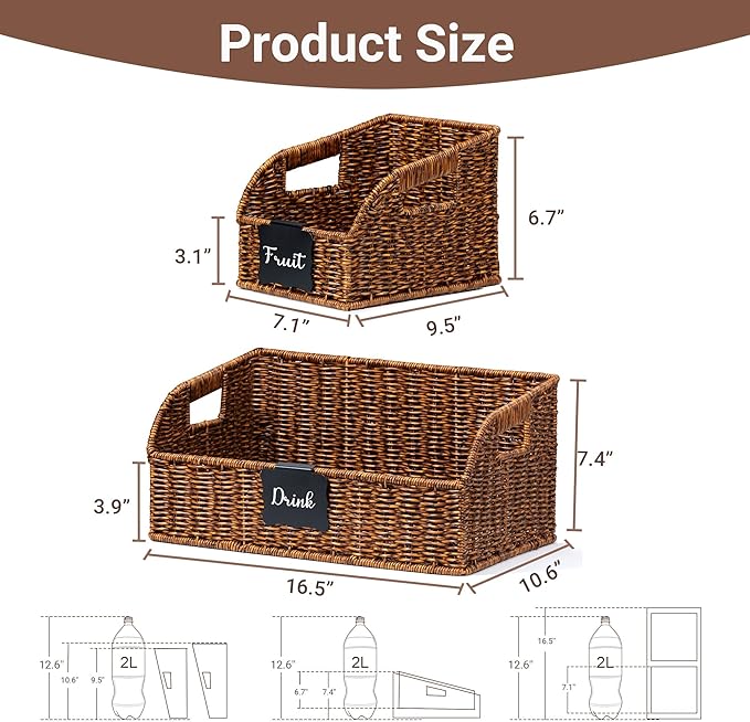 Pantry Organizers, Handwoven Large Wicker Baskets for Shelves, Labeled Storage Baskets for Organizing with Handles - Waterproof Plastic Storage Bins, Boho Decorative, 3Pack, Brown