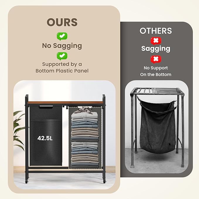 Simple Deluxe Laundry Hamper with Shelf & 2 Pull-Out Bags, 2×11.2 Gal (85L) Rolling Sorter Cart, Heavy-Duty Organizer for Bathroom, Bedroom, Dorm, Rustic Brown and Black