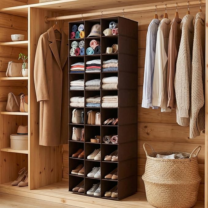 coastal rose Hanging Shoe Closet Organizer, 30 Sections Hanging Closet Organizers and Storage Shelves, Space Saving Shoe Rack Holder Hanger, Coffee