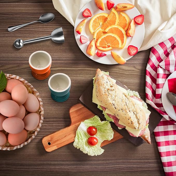 Colorful Soft Boiled Eggs Cups Set, 4 Ceramic Egg Stands and 1 Stainless Steel Egg Cutter, 4 Perfect Egg Spoons for Kitchen and Breakfast Host(Caribbean & Frame)
