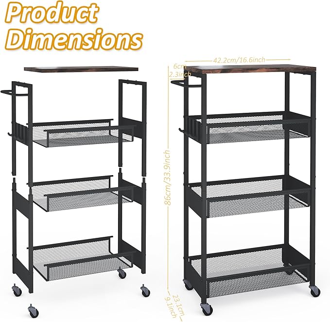 Vincona Slim Rolling Utility Cart, 4 Tier Metal Narrow Storage Cart with Handle and Wood Top, Multifunctional Small Mobile Shelf Unit Organizer Trolley for Laundry, Bathroom, Kitchen