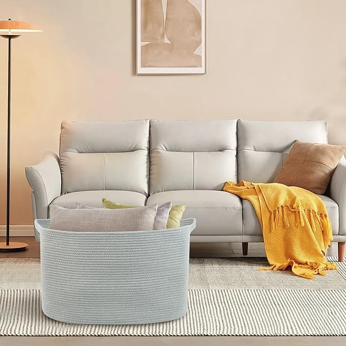MEGASKET Extra Large Rectangle Storage Basket, 23.6" x 17" x 12" Gray Blanket Storage for Living Room, Large Soft Woven Cotton Rope Bin for Organizing, Kids Dog Wicker Toy Box Organizer