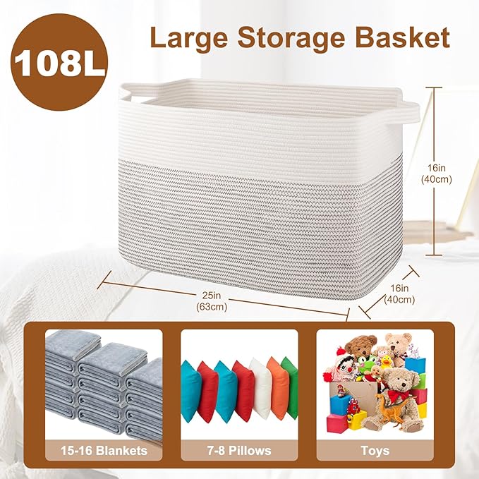 OIASKET XXXL Large Blanket Basket, 108L Storage Basket, Cotton Rope Baskets for Living Room, Toy Basket for Kids, Woven Baskets for Clothes, Towels, Pillows, 25" x 16" x 16", Black and White