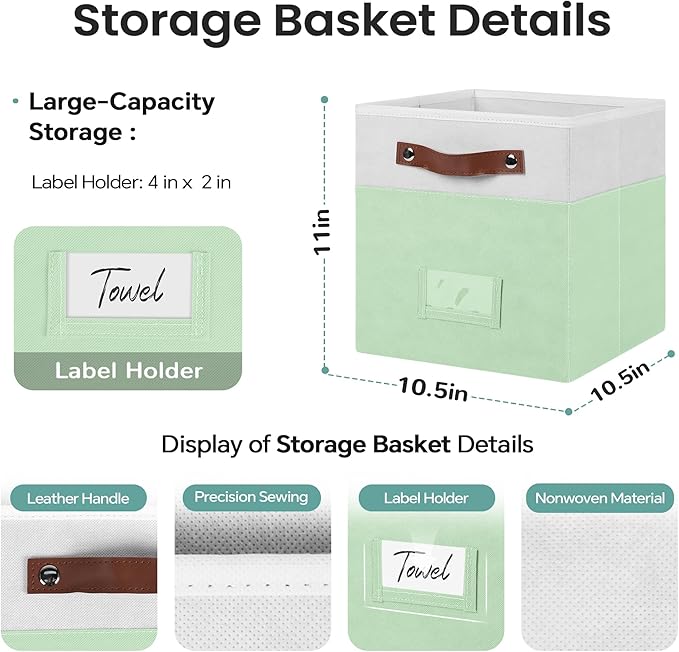 FinishingBo 6-Pack Storage Cubes with Handles & Label Holders Basket, Closet Cube Home Organizer Bins(White/Green, 10.5*10.5*11 inch)