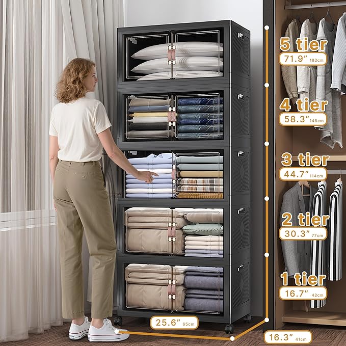 UAMFURI Extra Large Stackable Storage Bins with Lids & Wheels, 600QT-120QT/30GAL*5Pack Foldable Collapsible Closet Organizers Storage Cabinet with Doors for Bedroom Dorm