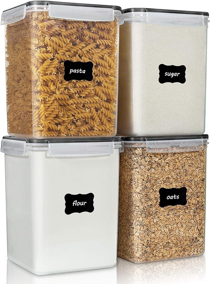 Vtopmart 4 PCS Large Food Storage Containers 5.2L / 175oz, 4 Pieces BPA Free Plastic Airtight Canisters for Flour, Sugar, Baking Supplies, Rice with Lids, 4 Measuring Cups and 24 Labels, Black