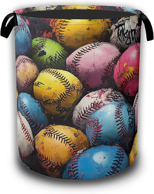 Colorful Baseball Laundry Hamper,Laundry Baskets,Waterproof Oxford Cloth Toy Storage for Bedroom,Bathroom,Nursery,16x20.8 Inch