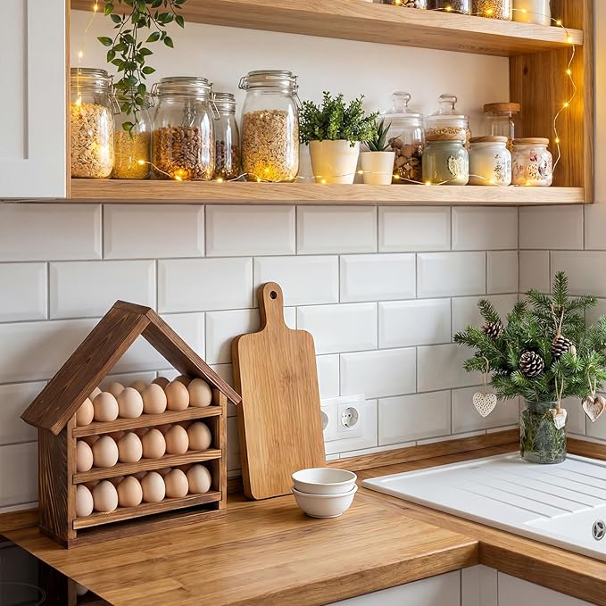 Remerry Wooden Egg Holder Countertop 3 Tier House Shape Fresh Egg Storage 36 Hole Pull out Eggs Racks Basket for Home Craft Room Farmhouse Kitchen Counter Organizer(No Door)