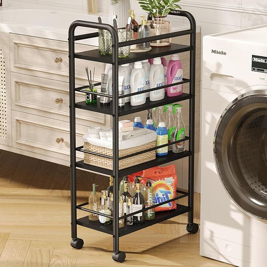 Asgolion Slim Storage Cart, 4-Tier Small Rolling Cart with Wheels, 9.1" Deep, Narrow Bathroom Shelf Trolley for Kitchen, Bathroom, Laundry Room, Black Large 4-Tier (9.1" W x 33.6" H)