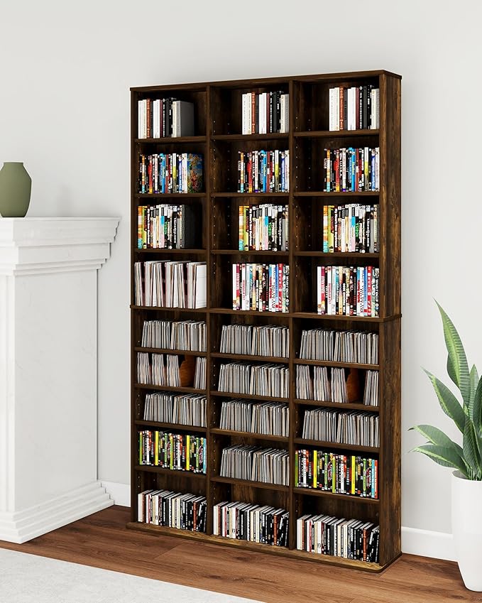 DVD Storage Tower with Adjustable Shelves, 9-Tier DVD Rack Tower for CDs, DVDs, Blu-Rays, Video Games, Rustic Brown Multimedia Storage Cabinet, Media Shelf Organizer for Living Room