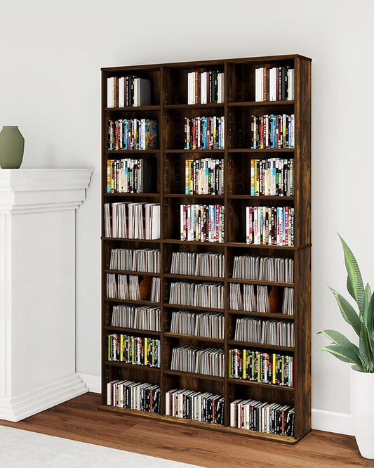 DVD Storage Tower with Adjustable Shelves, 9-Tier DVD Rack Tower for CDs, DVDs, Blu-Rays, Video Games, Rustic Brown Multimedia Storage Cabinet, Media Shelf Organizer for Living Room