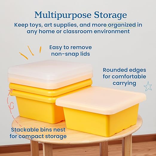 ECR4Kids Stackable Square Bins with Non-Snap Lids, Multipurpose Organization, Yellow, 4-Pack