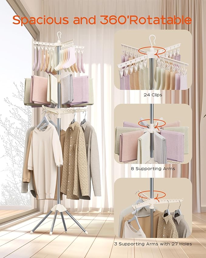 CASAMAYA Clothes Drying Rack Foldable, 79.5 inch 3 Tier Laundry Drying Rack with Rotating Clothes Rail for 27 Pieces of Clothes and 24 Clips for Hanging Socks,Space Saving, White and Silver CDR003W01