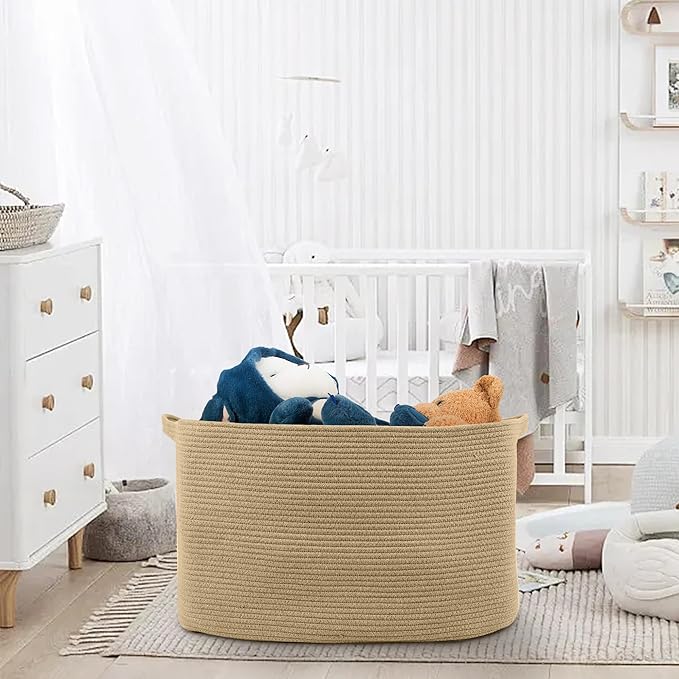 MEGASKET Large Jute Rectangle Rope Basket, 23.6" x 17" x 12" Blanket Storage for Living Room, Pool Towel Basket, Woven Baby Floor Laundry Hamper for Clothes, Toy Storage Bin, Bathroom Towel Storage