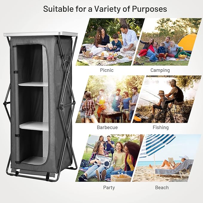 Giantex Folding Camping Storage Cabinet with 3 Shelves and Carry Bag, Portable Outdoor Organizer Kitchen Table, Quick Set-up for BBQ, Picnic, Backyard, Compact Pop-Up Cupboard, 55''H