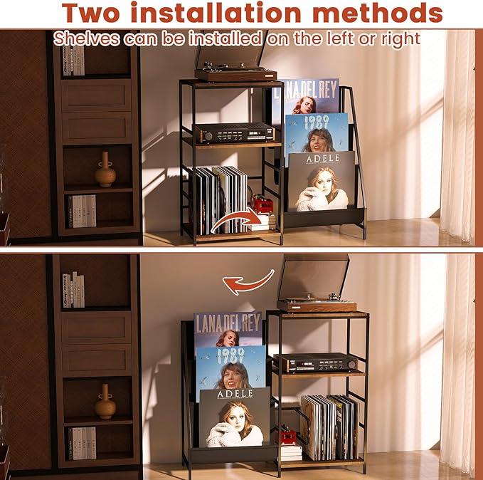 Record Player Stand With Vinyl Storage, 3-Tier Turntable Record Stand Holder, Vinyl Records Storage Shelf Holds Up to 300 Albums, Modern Vintage Black Record Player Table for Living Room