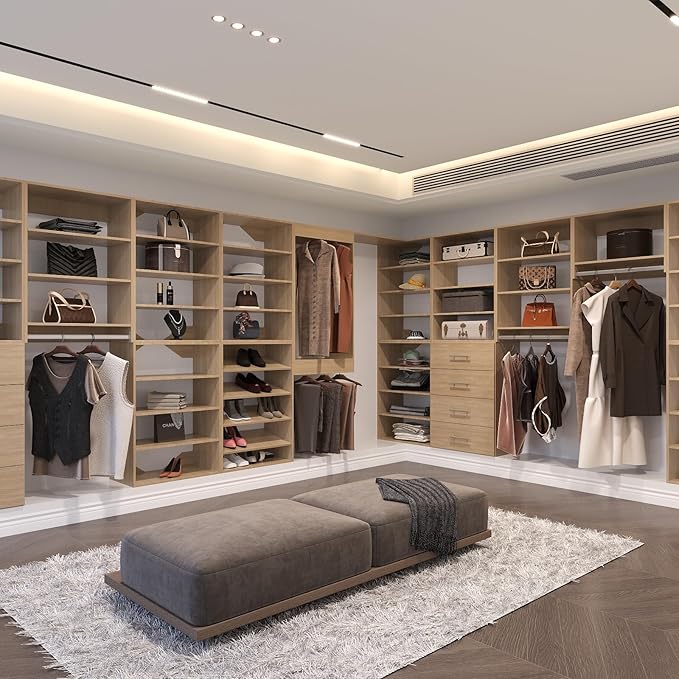Tall Hanging Closet Unit, Modular System Organizer With Storage for Walk-In Closets, Clothing Rack Wardrobe for Hanging Clothes, Bedroom, Wood, 19.5"W