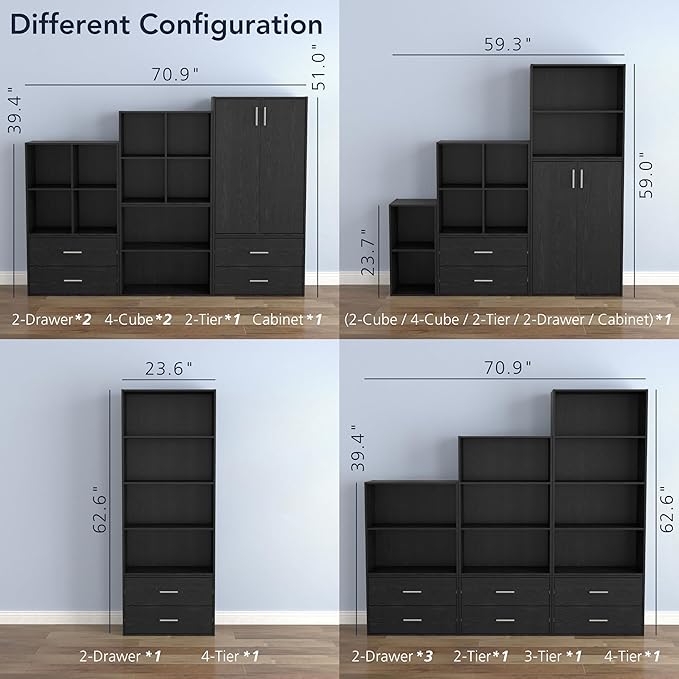 Homes: Inside + Out Apexa 6-Cube Storage Organizer Shelves, Stackable Wood Bookcase Fits Cubby Bins for Organization, Dorm Teen Room Decor & Home Office, Black