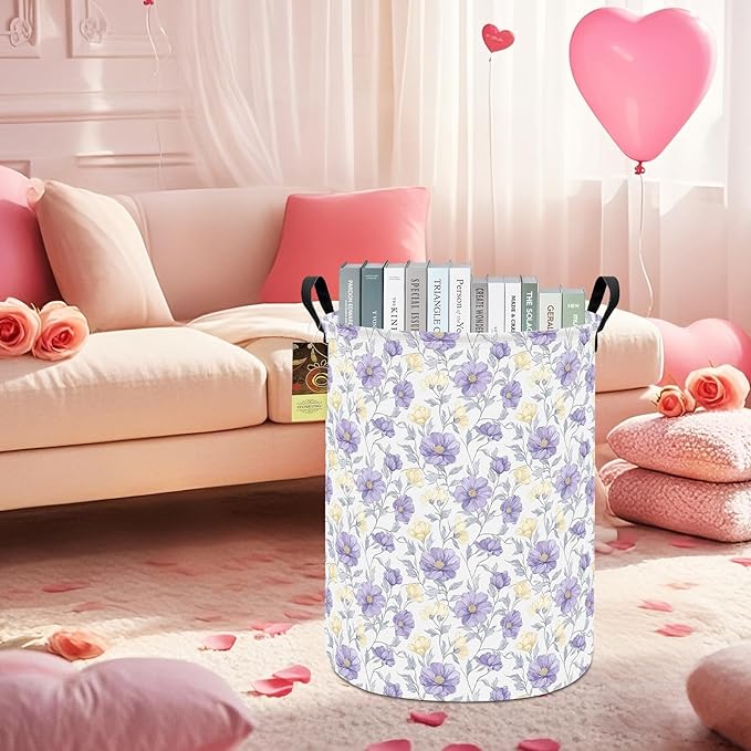 HUNRUNG Collapsible Fabric Storage Basket, Waterproof Laundry Hamper with Handles, Round Storage Bin for Clothes Toys, Foldable Organizer for Bedroom Nursery Bathroom(Round-Purple Flowers)