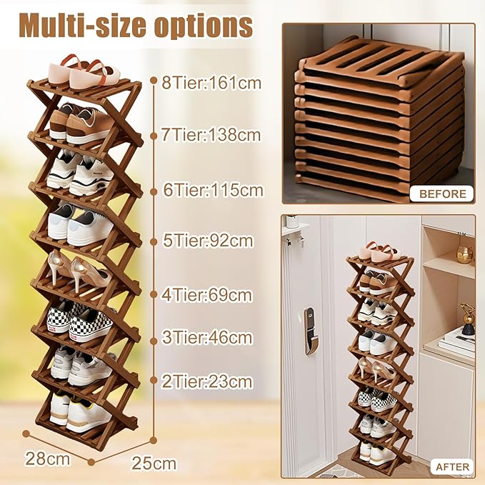 6 Tier Natural Bamboo Shoe Rack,Foldable Space Saving Shoe Storage Organizer,Easy Assembly & Strong Design Shoes Stand Shelf Organiser for Closet (Brown, Six Layers)