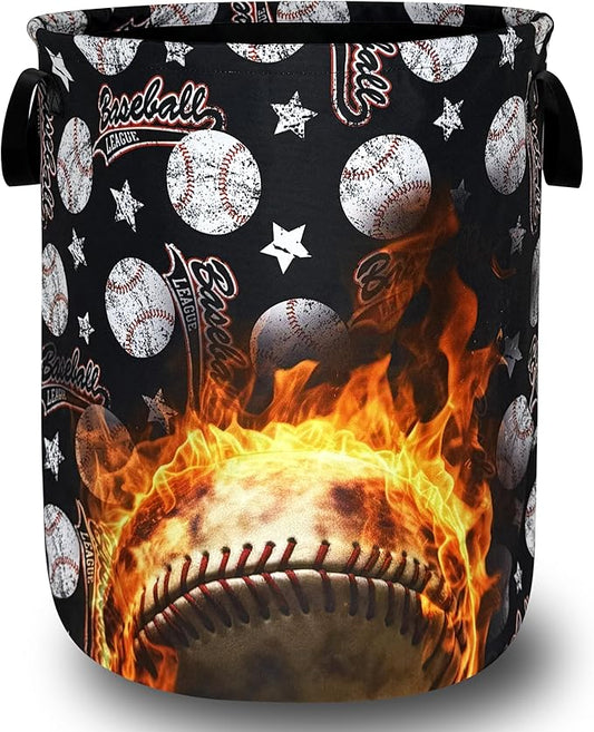 Baseball Laundry Basket Foldable Sports Print Laundry Hamper With Handle Portable Oxford Cloth Clothes Storage Basket Funny Laundry Bag 18.9"x16.5" For Laundry Room/Bedroom/Bathrooms