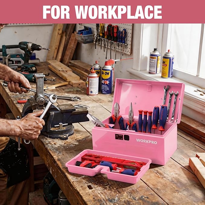 WORKPRO 10.8" Portable Mini Metal Tool Box with Removable Color-Matching Tray, One-Button Latch Toolbox, Steel Tool Chest with PP Handle, Compact Storage Organizer for Home, Office or Workshop