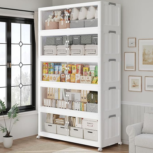 75Gal/300QT 5-Tiers Extra Large Stackable Storage Bins with Lid, Collapsible Cabinet Closet Organizer Plastic Container Box with Wheels Doors Drawers for Office Dorm Kitchen, White