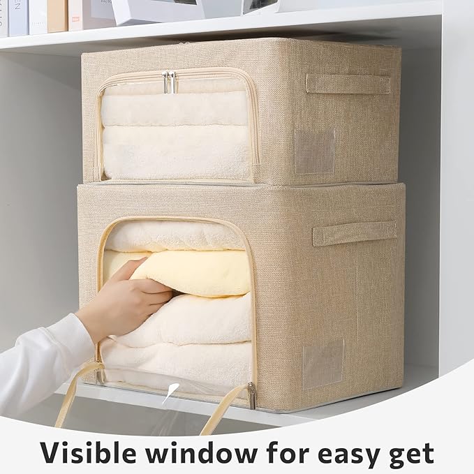 FHSQX 2 Pack Clear Window Storage Bins Foldable Fabric Storage Bins Boxes for Clothes Stackable Box Organizer Set with Carrying Handles (Beige, 22L,15.7x 11.8x 7.8 Inch)