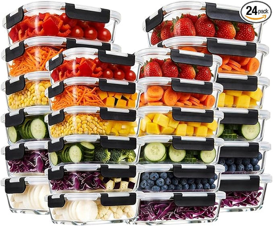 Konokyo Rectangular Glass Food Storage Containers with Lids, 24 Pack Airtight Leakproof Meal Prep Containers, BPA-Free, Microwave Oven Freezer & Dishwasher Safe, Assorted Sizes