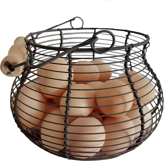 LINCOUNTRY. Farmhouse Wire Egg Baskets for Gathering Fresh Egg With Handle, Round Metal Chicken Egg Collecting Basket Countertop Holder Vintage Style for Kitchen