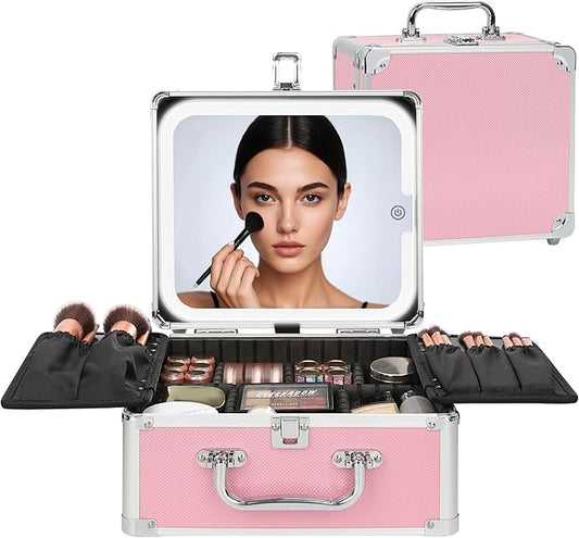 Relavel Makeup Bag with LED Mirror, Cute Makeup Box Travel Train Case with Rechargeable Lighted Mirror, Cosmetic Brush Organizer Storage for Makeup Artists Gifts for Women and Girls, Pink