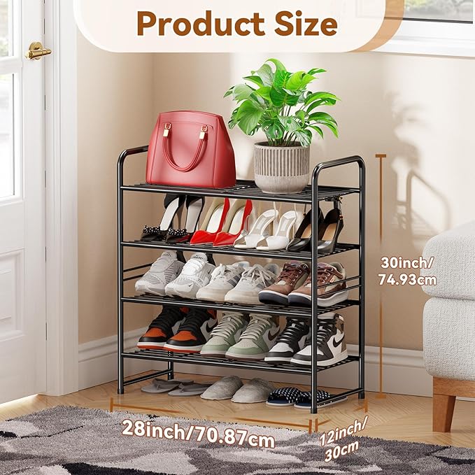 4 Tier Shoe Rack, 27 Inch Wide Stackable Metal Shoe Organizer Shelf for Closet Heavy Duty, Adjustable, Black