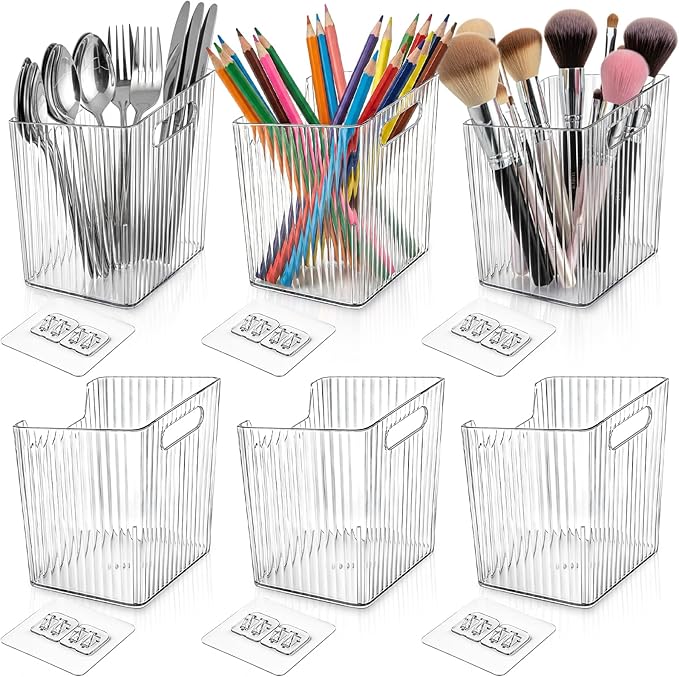 WRINGKIT 6 Pack Wall Mount Storage Bins, Plastic Clear Shower Basket Caddy with Self-Adhesive Hooks, Stackable Hanging Bin Basket Organizer Holder for Cabinet, Kitchen, Bathroom, Pantry, Under Sink