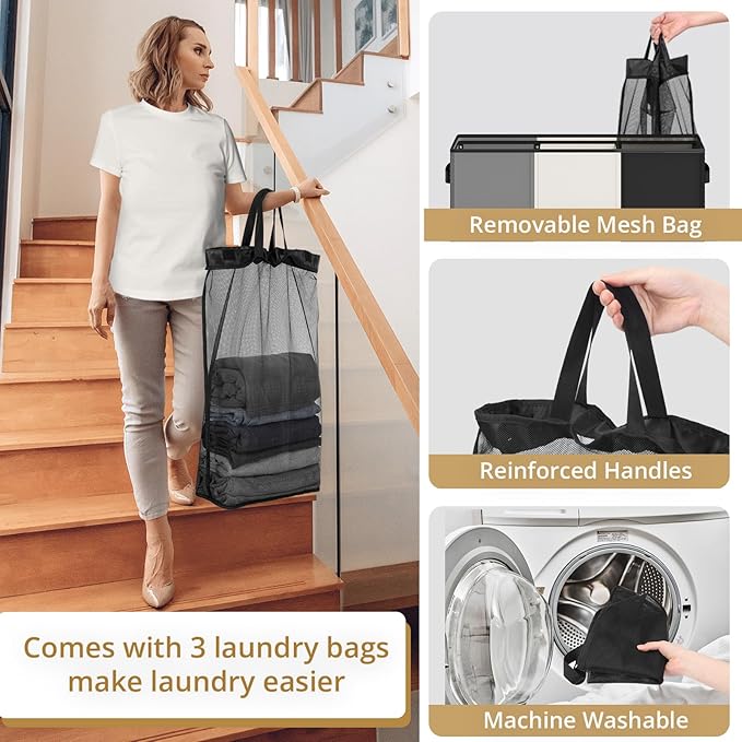 Optish 180L Laundry Hamper 3 Section, Large Laundry Basket with Lid, Laundry Basket Organizer with Handles, Divided Laundry Baskets, Clothes Hampers for Laundry, Bedroom, Bathroom