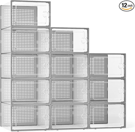 Kuject X-Large Shoe Storage Boxes Organizers Clear Plastic Stackable 12 Pack, Shoe Rack & Holder Substitute, Sneaker Containers, Toy Storage Organizer Bins for Entryway, Closet, Under Bed, Grey
