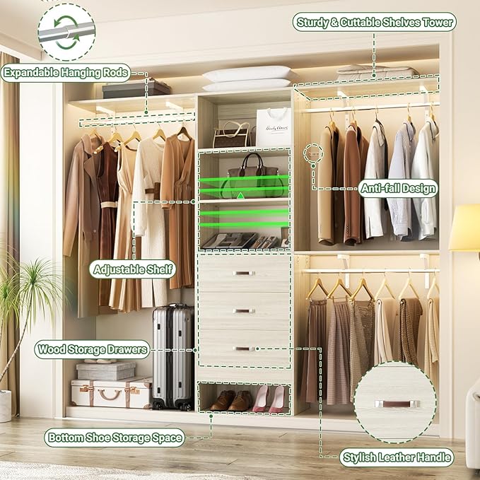 Besiost Closet System with Drawer - 8FT Wood Closet Organizer System with 3 Hanging Rods and Shelving Tower, 96" Walk In Closet Organizer Wardrobe, Heavy Duty Garment Rack Clothes Rack, White Oak