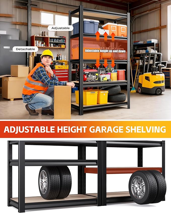 AOARGG Set of 2 Heavy Duty Garage Shelving 5T Storage Shelves, Metal Adjustable Shelving Unit, Utility Garage Organizer Shelf for Basement, Pantry, Kitchen, Warehouse, 19.7" Dx45.6 Wx77.9 H, Black