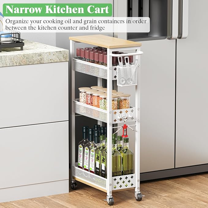 Utility Slim Rolling Storage Cart with Wheels, 4 Tier Narrow Metal Kitchen Cart Bathroom Laundry Room Organization Trolley with Wood Rack and Removable Mesh Basket for Small Space, 7.1IN White