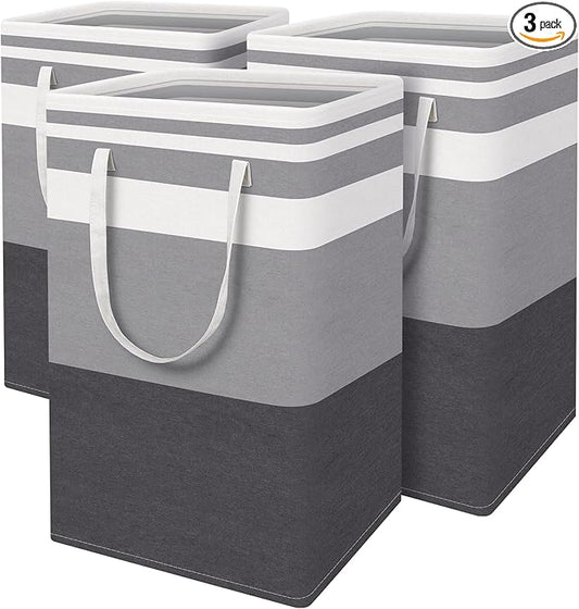 BlissTotes 3-Pack Laundry Basket, Freestanding＆Waterproof Laundry Hamper, Collapsible Tall Clothes Hamper with Easy Carry Handles for Clothes, Towels in the Family and Dorm,Gradient Grey,88L