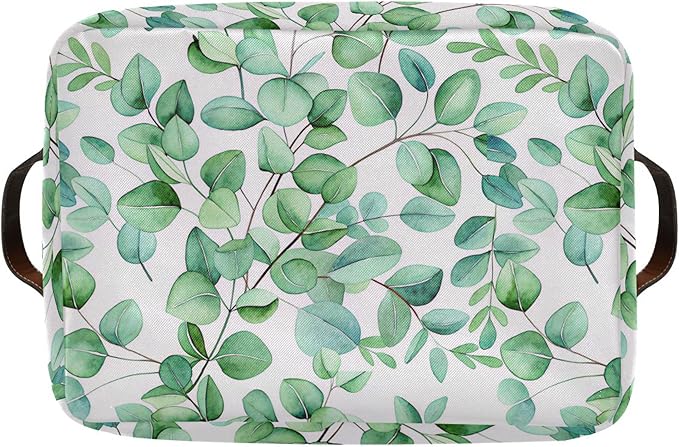 xigua Green Leaves Storage Basket Collapsible Storage Bins Waterproof Canvas Storage Basket with Leather Handles for Home Closets Offices,Bedrooms,Gift Baskets,2PCS