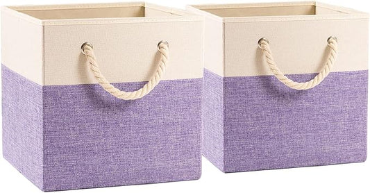 PRANDOM Large Foldable Cube Storage Bins 11x11 inch [2-Pack] Fabric Linen Storage Baskets Cubes Drawer with Cotton Handles Organizer for Shelves Nursery Closet Bedroom Purple